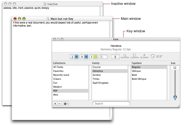 Main, key, and inactive windows