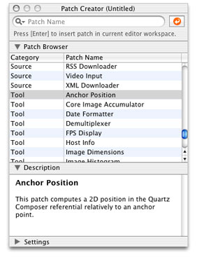 The patch library with the description box open.