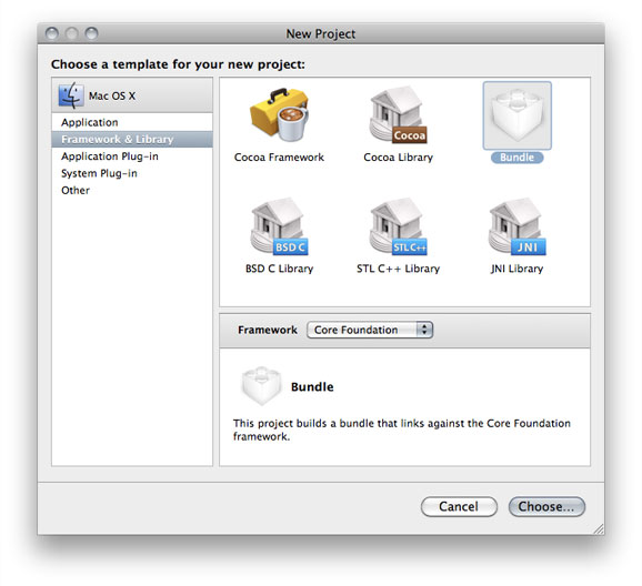 New Project dialog, selecting a Mac OS X Core Foundation bundle project.