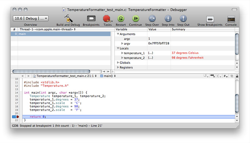 Debugger window with TemperatureFormatter_test_main.c file in editor pane. Program is stopped at the return 0 statement line. Variable list shows TemperatureFormatter is applied to the temperature_1 and temperature_2 variables.