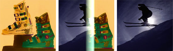 A copy machine transition from ski boots to a skier