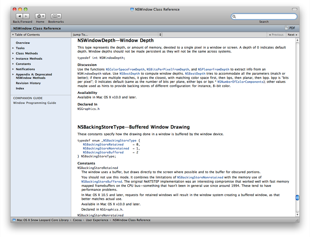Xcode documentation window