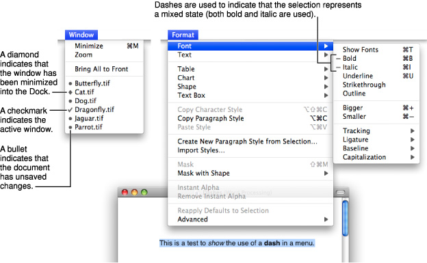 Symbols in menus