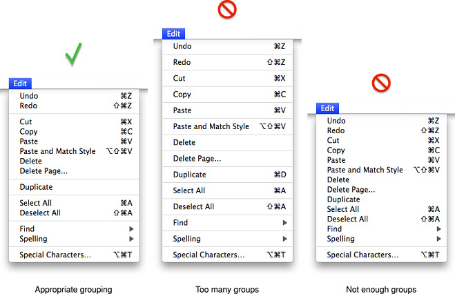 Grouping items in menus