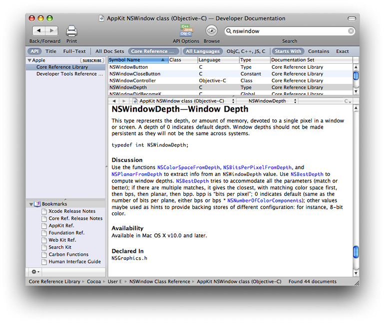 Xcode documentation window